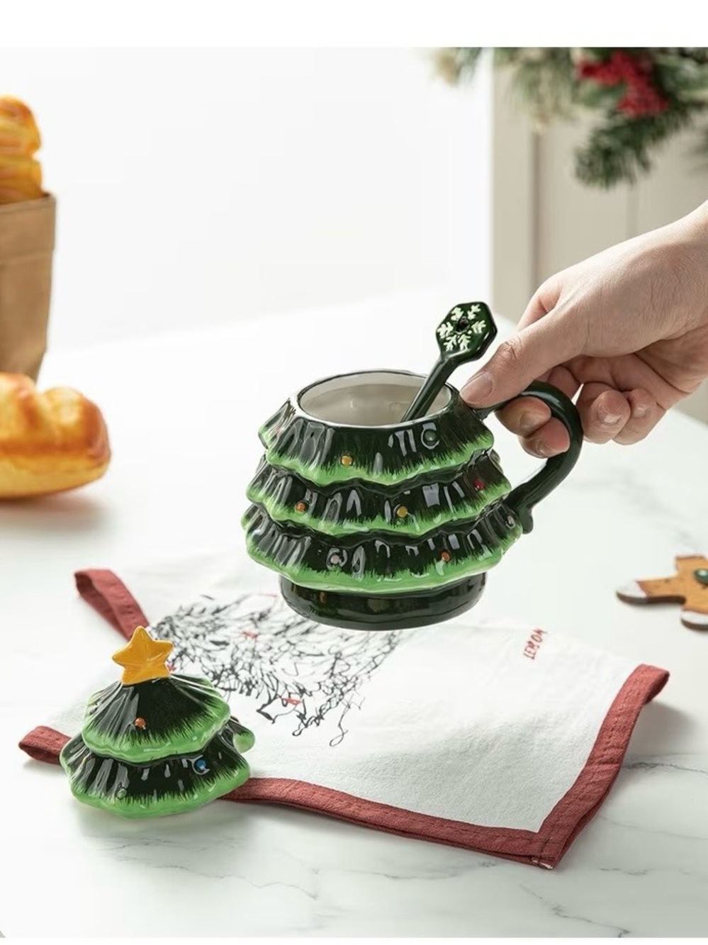 Ceramic Christmas Tree Mug with Spoon - Green & Yellow - Picture 6 of 7